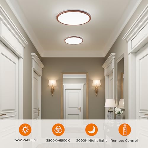 Matane 12in Flush Mount Ceiling Light Fixture with Remote Control, Nightlight 2000K Warm, 3000K-6500K Adjustable, Wired Low Profile Ceiling Lights for Bedroom, Kitchen, Living Room Walnut - color: Walnut, size: 12 Inch