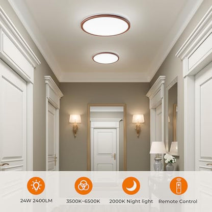 Matane 12in Flush Mount Ceiling Light Fixture with Remote Control, Nightlight 2000K Warm, 3000K-6500K Adjustable, Wired Low Profile Ceiling Lights for Bedroom, Kitchen, Living Room Walnut - color: Walnut, size: 12 Inch