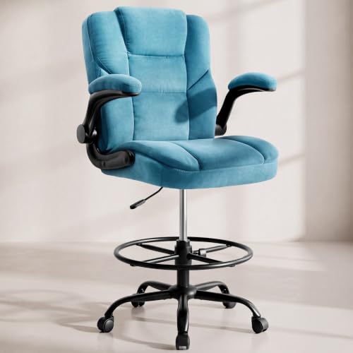 Drafting Chair 500Lbs, Tall Office Chair for Standing Desk, Fabric Executive Office Chair with Flip-up Armrests, Ergonomic High Chair with Adjustable Foot Ring, Comfy Stool Chairs, Blue - color: Blue