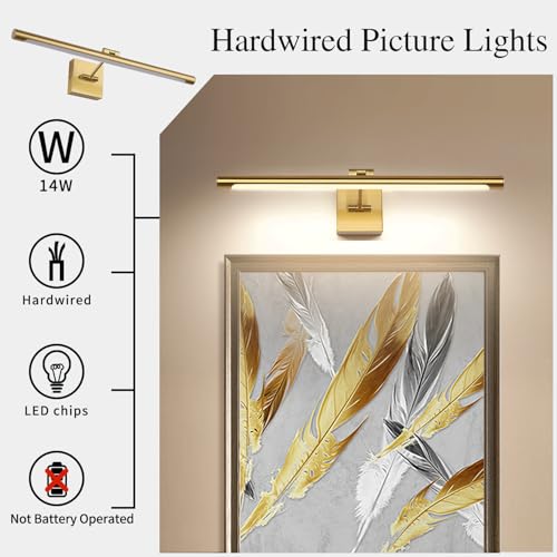 LED Picture Light Fixtures 24.4 Inches, Full Metal Artwork Wall Lamp with Single Swing Arm, 14W (70W Eqv.), Hardwired Connection, Dimmable, 3000K Warm White, CRI95+, Golden-Like Brass Finish - color: Brass, size: Dimmable 24.4" Long