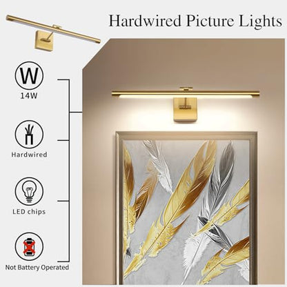 LED Picture Light Fixtures 24.4 Inches, Full Metal Artwork Wall Lamp with Single Swing Arm, 14W (70W Eqv.), Hardwired Connection, Dimmable, 3000K Warm White, CRI95+, Golden-Like Brass Finish - color: Brass, size: Dimmable 24.4" Long