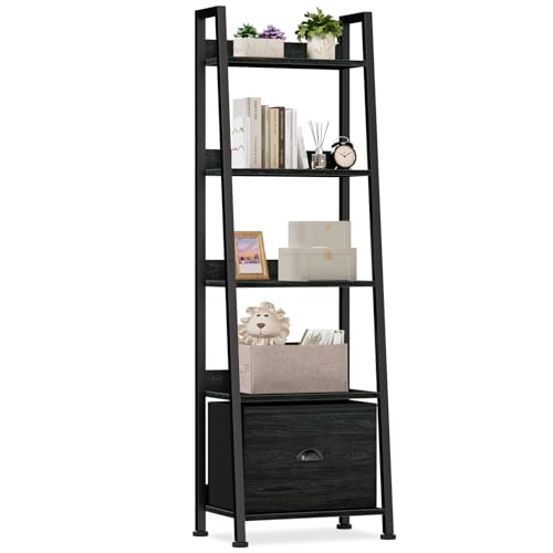 Furologee Ladder Shelf, 5 Tier Bookshelf with Fabric Drawer, Black Oak | 55.6'' Industrial Tall Narrow Shelf, Display Shelving Units, Wood Metal Storage Rack for Living room, Bedroom, Office - color: Black Oak, size: 5-Tier, 15" W