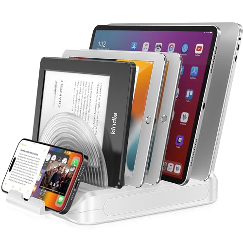 Vertical Laptop Stand Holder & Desk Organizer Rack - Adjustable Dock for MacBook, iPad, Phone (6-in-1 Multi Device Storage System with 360° Rotation) - color: White
