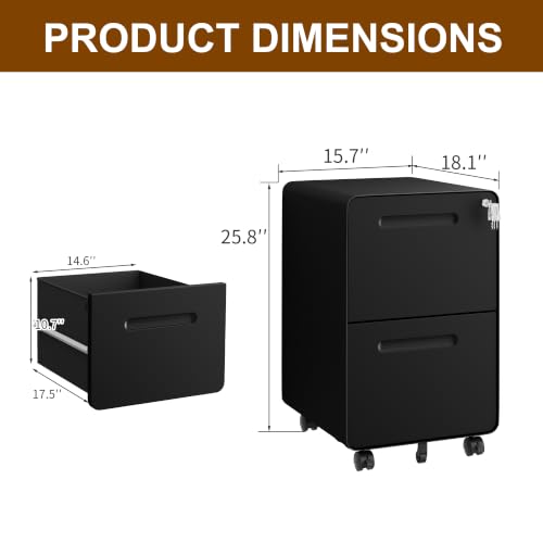 2 Drawer Mobile File Cabinet with Lock, 4 Keys and 25 Letter File Folders | Heavy-Duty Steel Rolling Filing Cabinet Pre-Assembled Under Desk for Home Office Letters/Legal/A4 Hanging File Folders - color: Black, size: 25.8"H*15.7"W-2 drawers(25 letter fold