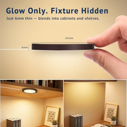 V4light Smart Plug-in LED Puck Lights Brown, Ultra-Thin Under Cabinet Lighting for Kitchen, Closet & Shelf, App, Voice & Hand Control, Compatible with Alexa & Google Home, Dimmable Warm to Cool White