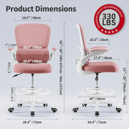 TRALT Drafting Chair - Tall Office Chair with Lumbar Support for High Desk - color: Pink