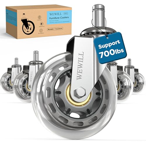 WEWILL Office Chair Wheels - Rubber Casters Replacement Universal Fit 98% Chair(Set of 5) Heavy Duty 3 Inch Smoothly & Quietly Safe for All Floor, Hardwood, Tile, Carpet, Noise Free - Sliver - color: Silver