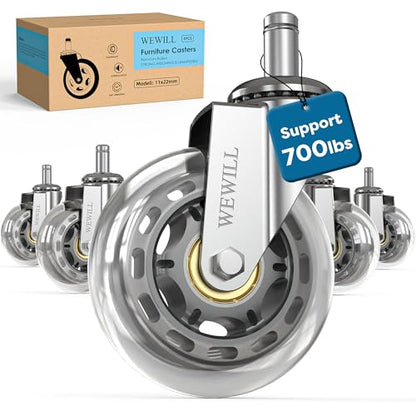 WEWILL Office Chair Wheels - Rubber Casters Replacement Universal Fit 98% Chair(Set of 5) Heavy Duty 3 Inch Smoothly & Quietly Safe for All Floor, Hardwood, Tile, Carpet, Noise Free - Sliver - color: Silver