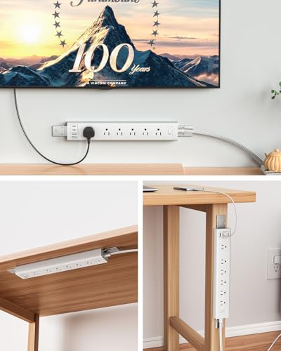 360° Mountable Surge Protector Power Strip with 4 USB Ports (2 USB C), 6 FT Electrical Outlet & Flat Plug Extension Cord for Under Desk, Wall, or Corner Mount (White) - style: Desk Socket - White