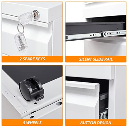 3 Drawer File Cabinet with Wheels, Metal Filing Cabinet with Lock, Office Rolling File Cabinets for A4/Legal/Letter Size, Assembly Required, White - color: White, size: 3 Drawer (Wheel)