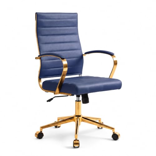 Okeysen Gold Office Desk Chair, Ergonomic Leather Modern Conference Room Chairs, Executive Ribbed Height Adjustable Swivel Rolling Golden Chair for Home Office. - color: Blue