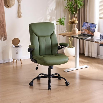 Ergonomic Home Office Chair PU Leather Comfy Computer Chair, Green | Flip-up Armrest, Height Adjustable, Lumbar Support, 360° Swivel Wheels Managerial Executive Chairs for Work Gaming Home Use - color: Green