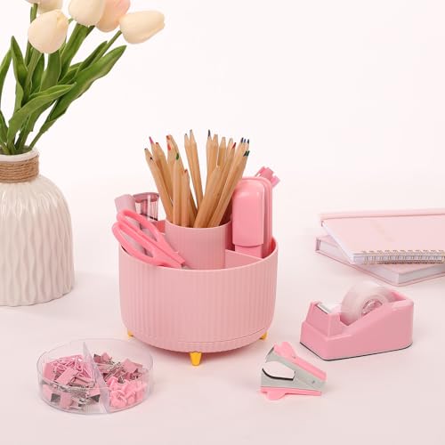SKYDUE Pink Desk Accessories 11Pcs with Rotating Pen Holder for Desk | Included Stapler with Staples, Staple Remover, Tape Dispenser,2pcs Tape Refills, Binder Paper Clips Kit, Scissor, 2pcs Pens - color: Pink
