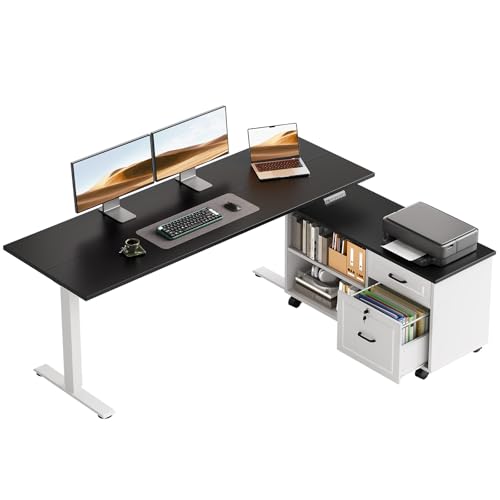 OffiGo 55" L Shaped Electric Standing Desk with Cabinet Sets, Black/White - color: Black+white, size: 55 Inch