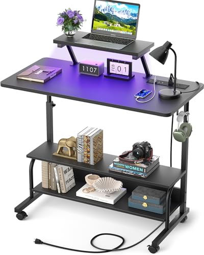 Height Adjustable Standing Desk with Power Outlets and LED Lights - 32" Manual Stand Up Desk with Monitor Stand and Storage Shelves Small Mobile Rolling Computer Desk Portable Laptop Table, Black - color: Black, size: 32''