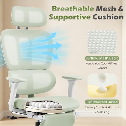 Ergonomic Office Chair with Footrest and Dynamic Lumbar Support, Green | Reclining high-back computer chair, memory foam seat, 2D armrests, 2D headrest, mesh desk chair for home office, long hours - color: Green