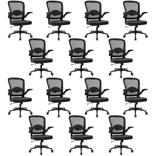 KLASIKA Desk Chairs with Wheels, Ergonomic Mesh Back PU Leather Seat Home Office Adjustable Lumbar Support and Height Swivel Rolling Computer Task Chair with Flip Up Arms for Conference, Black, 14PK - color: Black_villy Leather, size: 14PK