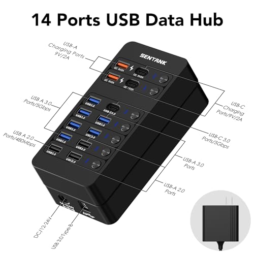 Powered USB Hub,14 Ports USB Data Hub Splitter with 6 USB 3.0 Port,4 Charging Port,1 USB-C 3.0 Data Port,1 PD 60W Charging Port w LED Individual On/Off Switches for MacBook,Mac Pro,Laptop/PC