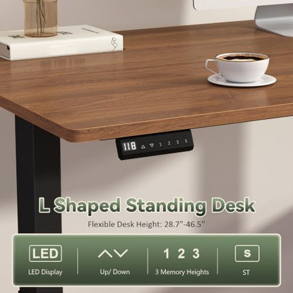 YOMILUVE Farmhouse L Shaped Standing Desk, 66 inch Corner Electric Standing Desk with Drawers ＆ Storage Shelves, Height Adjustable Computer Desk with Power Outlets for Home Office (Black and Brown) | Corner Electric Standing Desk with Drawers ＆ Storage Sh