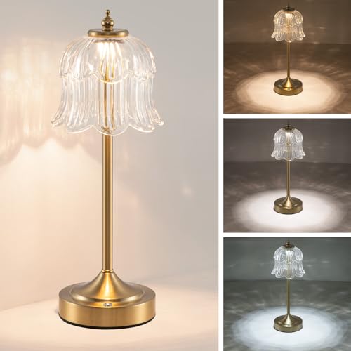 Cordless Table Lamp, Touch Control, 6000mAh Rechargeable Battery-Operated Portable Lamp, 3 Color Temperatures & Stepless Dimming, Vintage Bedside Lamp for Bedroom, Office & Desk, Clear Rose - color: Rose Transparent
