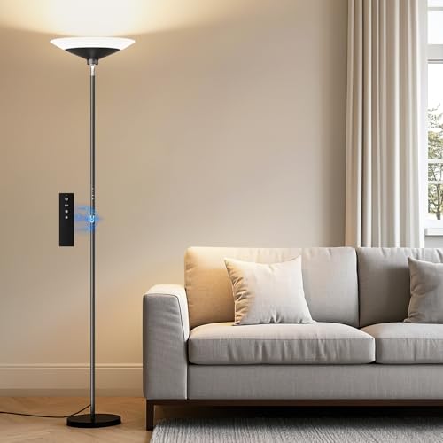 Torchiere Floor Lamp - 72" Tall LED Standing Lamp with Remote/Button Control, 1800Lm, 3000-6500K, 30W Dimmable Modern Corner Floor Light for Living Room Bedroom Office Apartment, Black - color: Black