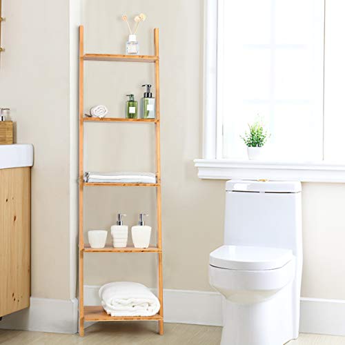 Tangkula Bamboo 5-Tier Ladder Shelf Bookshelf, Wall-Leaning Bookshelf, Plant Flower Stand, Storage Display Shelves for Living Room Bathroom Office, Multifunctional Ladder Bookcase (Natural) - size: 17" x 14" x 65" (L x W x H)