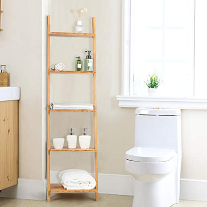 Tangkula Bamboo 5-Tier Ladder Shelf Bookshelf, Wall-Leaning Bookshelf, Plant Flower Stand, Storage Display Shelves for Living Room Bathroom Office, Multifunctional Ladder Bookcase (Natural) - size: 17" x 14" x 65" (L x W x H)