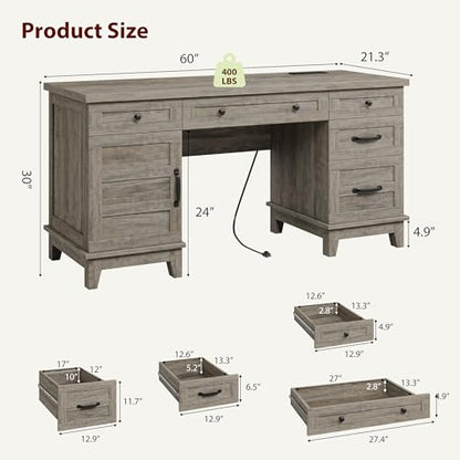 GarveeHome Farmhouse Executive Desk with File Drawers, 60 in Home Office Desk with Charging Station, Wooden Computer Desk with Cabinet Storage for Work Study Writing, Rustic Gray - color: Rustic Gray