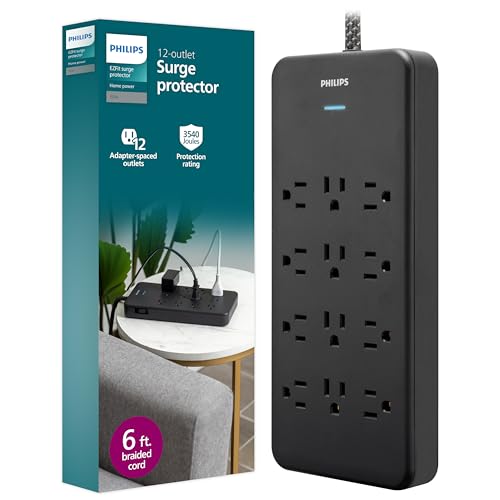 Philips 12-Outlet Surge Protector Power Strip, 6ft Braided Extension Cord, 3500 Joules, Multi Plug Outlet Extender, Adapter-Spaced, Black, SPP3813B/37 - style: 12 Outlet