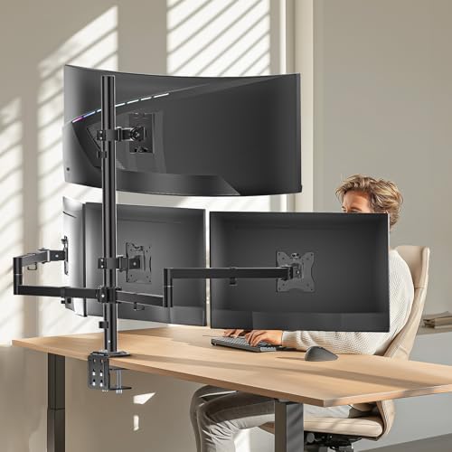 WALI Stacked 4 Monitor Mount for 49" UItrawides and Three 27" Monitors | Tall Quad Monitor Stand up to 44 lbs，Full Motion with Tilt, Swivel, C-Clamp & Grommet Base, VESA 75/100mm (M004S-P), Black - size: 13"-49", style: Quad