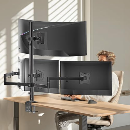 WALI Stacked 4 Monitor Mount for 49" UItrawides and Three 27" Monitors | Tall Quad Monitor Stand up to 44 lbs，Full Motion with Tilt, Swivel, C-Clamp & Grommet Base, VESA 75/100mm (M004S-P), Black - size: 13"-49", style: Quad