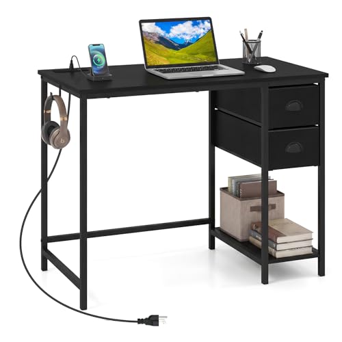 GIANTEX Computer Desk with Charging Station, 38" Home Office Desk w/ 2 Fabric Drawers, Storage Shelf & Headphone Hook, Industrial Study Work PC Table, Writing Desk for Small Spaces (Black) - color: Black