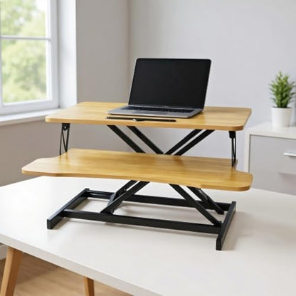 Desk Converter Height Adjustable Riser Ergonomic Sit Stand Dual Monitor Computer Workstation Keyboard Tray Home Office-Black + Walnut - color: Black + Walnut