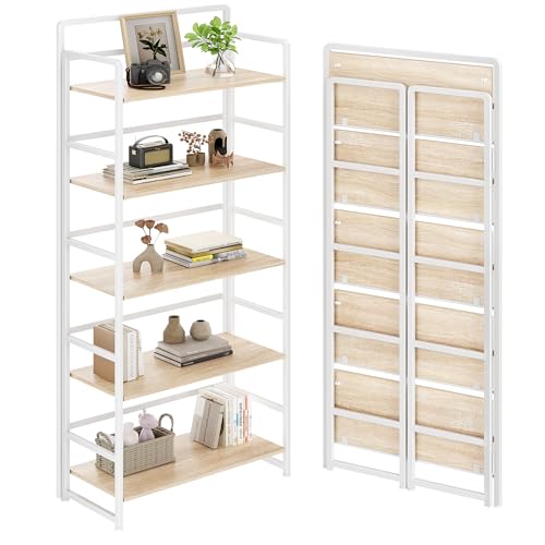 Folding Bookshelf 5 Tiers,No Assembly,Vintage Wood Bookcase Storage,Beige | Vintage Wood Collapsible Portable Bookcase,Foldable Storage Rack,Organizer for Living Room, Bedroom, Home Office - color: Beige, size: 5-tier