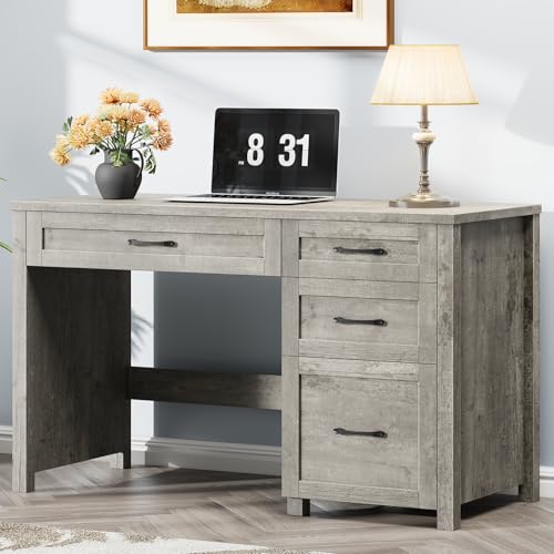 Vabches Farmhouse 47" Computer Desk with 4 Drawers, Grey | Executive Desk with File Drawer and Charging Station, Workstation for Home Office, Study - color: Grey Without Charging Station
