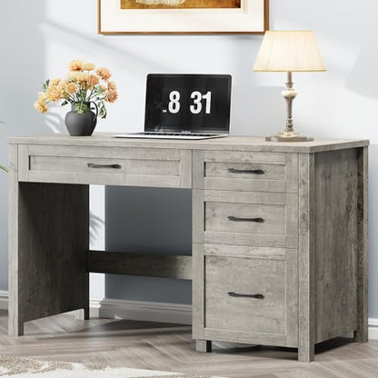 Vabches Farmhouse 47" Computer Desk with 4 Drawers, Grey | Executive Desk with File Drawer and Charging Station, Workstation for Home Office, Study - color: Grey Without Charging Station