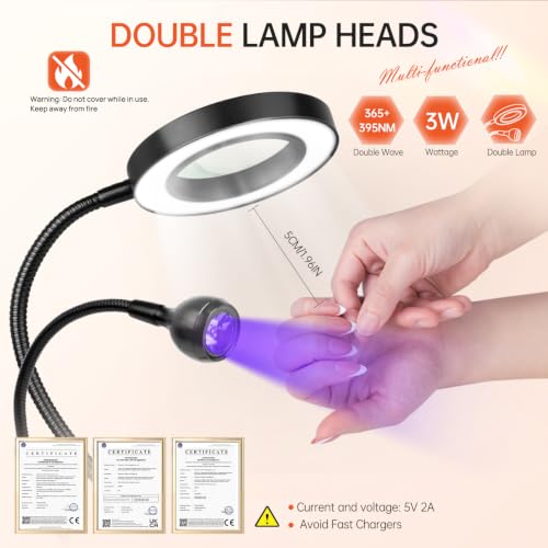 Mlogiroa UV LED Nail Lamp with 6X Magnifier Dual Head Nail Dryer for DIY | 3 Color Temps 4 Brightness, Flexible Gooseneck, USB powered for Gel Curing Repair Reading Hobby, Home Salon