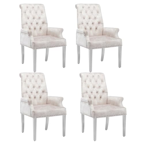 LOULENS Velvet Dining Chairs Set of 4, Dining Chairs with Arms, Beige | Upholstered, High Back, Tufted, Luxurious, Stainless Steel Leg, for Kitchen & Dining Room - color: Beige, size: 4 PCS