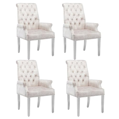 LOULENS Velvet Dining Chairs Set of 4, Dining Chairs with Arms, Beige | Upholstered, High Back, Tufted, Luxurious, Stainless Steel Leg, for Kitchen & Dining Room - color: Beige, size: 4 PCS