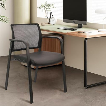 CLATINA Mesh Back Stacking Guest Chairs Leather,Stackable Waiting Room Arm Chair with PVC Upholstered for Office Reception Hospital Lobbies Schools Conference Medical Meeting Churches Black - size: 1 Pack