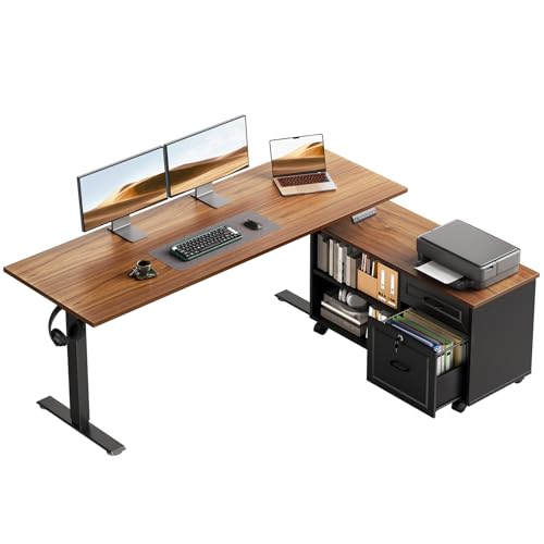 OffiGo 55" L Shaped Electric Standing Desk with Cabinet Sets, Walnut/Black - color: Walnut+black, size: 55 Inch
