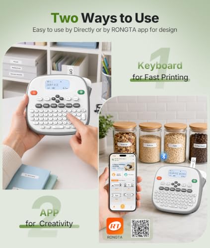 Rongta TD210 Bluetooth Handheld Label Maker Machine with 1 Tape, Portable Label Printer QWERTY Keyboard, for Home, Office, Warehouse Organization