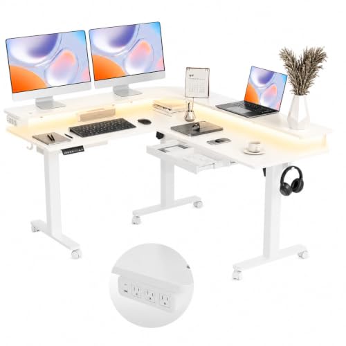 Claiks L Shaped Standing Desk with Drawers, 63 Inch, White | 4 Memory Presets, LED Lights, Power Outlet, Monitor Stand, Corner Desk, Adjustable Height - color: White
