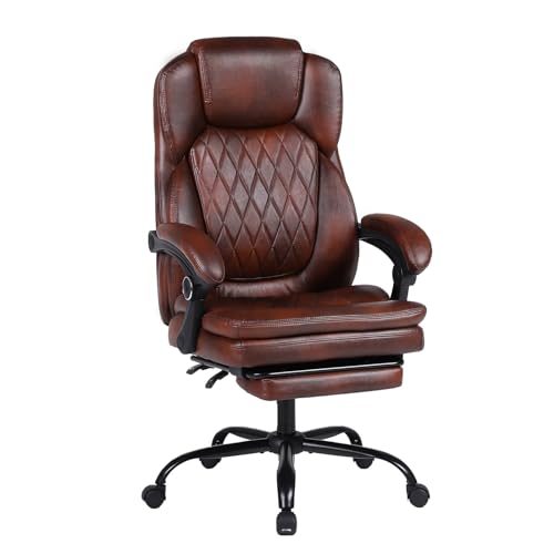 Executive Office Chair, Ergonomic Big and Tall PU Leather Desk Chair with Retractable Footrest, High Back Comfy Heavy Duty Computer Chair Adjustable Height