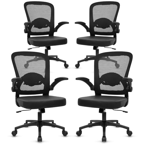 KLASIKA Desk Chairs with Wheels, Ergonomic Mesh Back PU Leather Seat Home Office Adjustable Lumbar Support and Height Swivel Rolling Computer Task Chair with Flip Up Arms for Conference, Black, 4PK - color: Black_villy Leather, size: 4PK