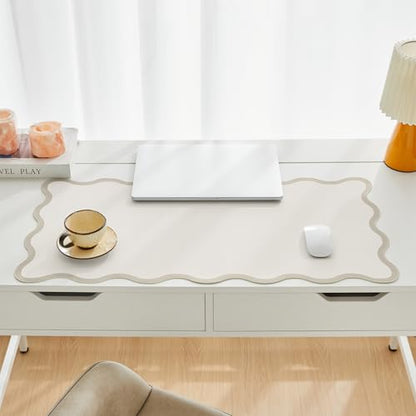 Scalloped Desk Mat, 31.5" x 15.7", PU Leather, Waterproof Anti-Slip, Cute Aesthetic Desk Pad for Office/Home/Game/Vanity (Beige, 31.5" x 15.7") - color: Beige