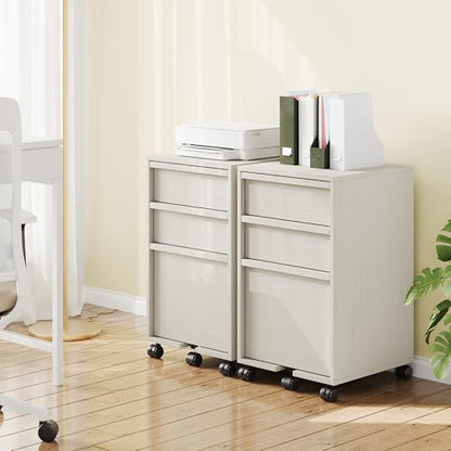 Garvee Rolling File Cabinet with 3 Drawers, Wood Mobile Filing Cabinet for Home Office, Under Desk Printer Stand with Wheels, Large File Drawer, 2 Locking Casters, White - color: White