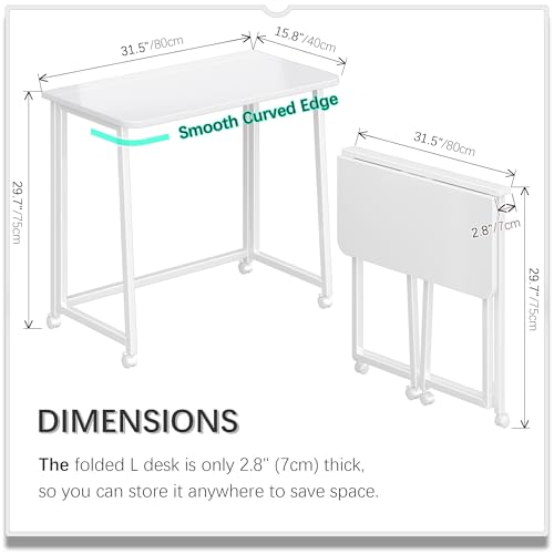 4NM 31.5" Mobile Small Folding Desk, Foldable Rolling Computer Home Office Desk, Study Writing Table for Small Space Saving Bedroom, with Wheels - All White - color: All White, size: 31.5"W x 15.7"D