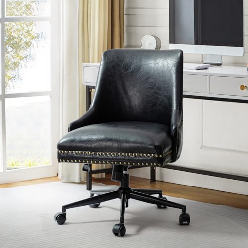 HULALA Home Leather Office Chair with Nailhead, Armless Desk Chair, Black - color: Black