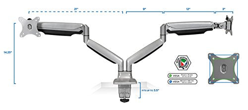 Mount-It! (MI-1772) Dual Monitor Arm Mount Desk Stand Two Articulating Gas Spring Height Adjustable Arms | Fits Up To 32" VESA 75 100 Compatible Screens | C-Clamp and Grommet Bases (Silver) - color: Silver